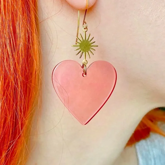 New Handmade Acrylic Pink Heart Earrings Valentine’s Sunburst Gold Plated Hooks - Picture 2 of 3